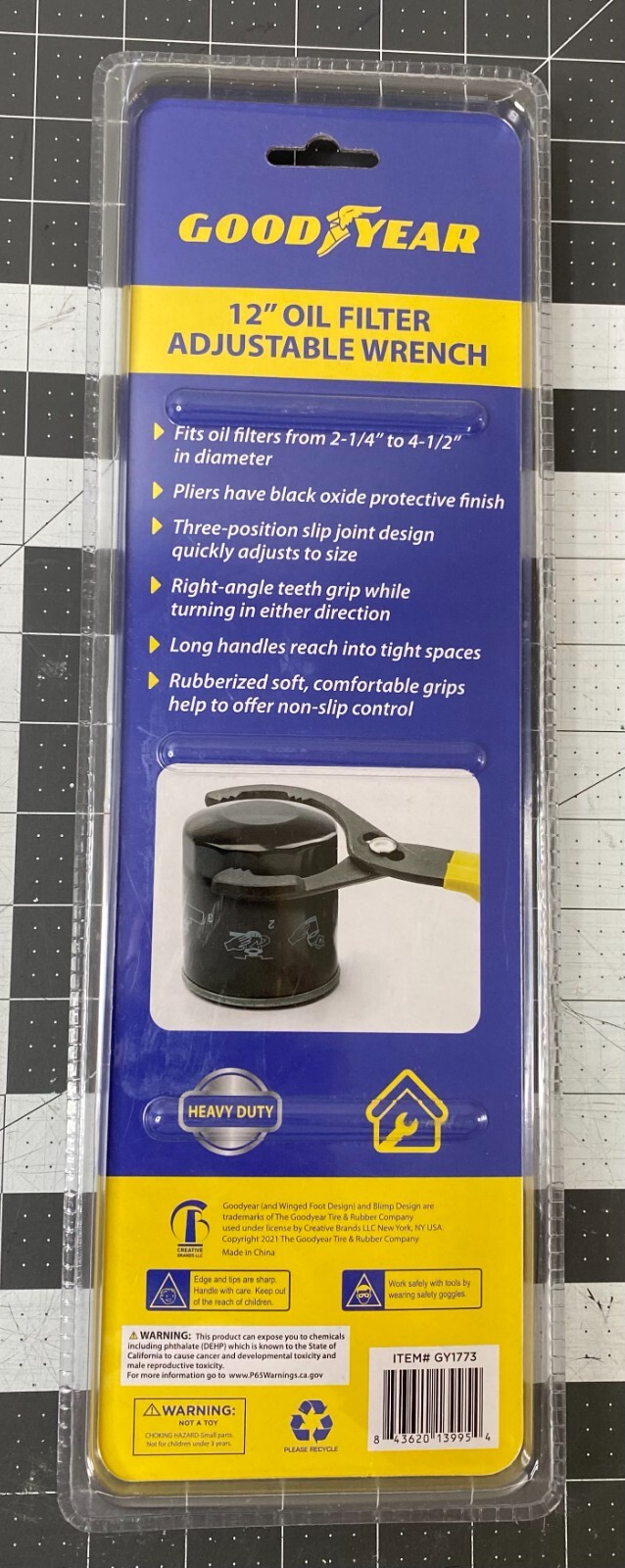Good Year 12″ OIL FILTER PLIERS ADJUSTABLE Wrench GY1773 From 2 1/4» – 4 1/2»