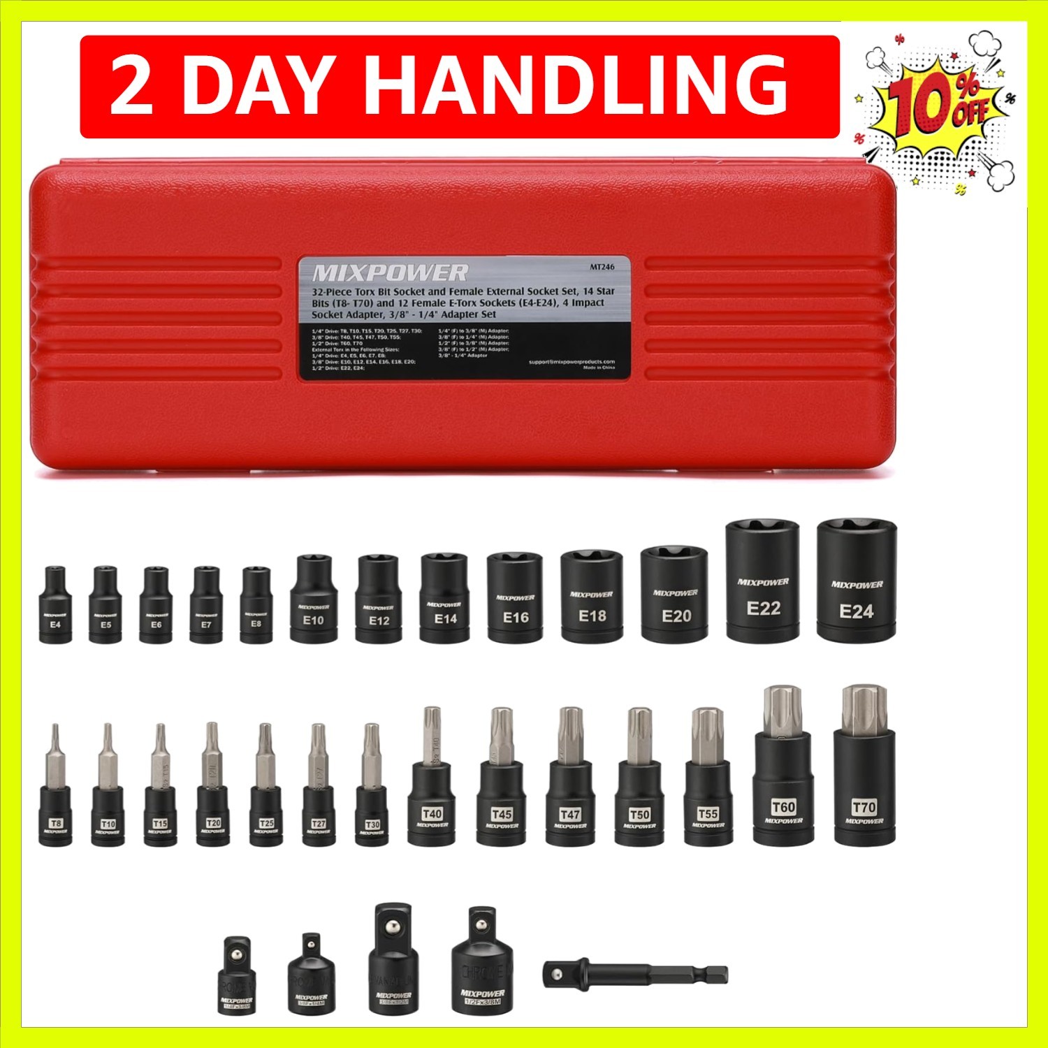 32PCS Torx Bit Socket Set, 14 Star Bits T8-T70& 13 E-Torx Sockets E4-E24, CR-…