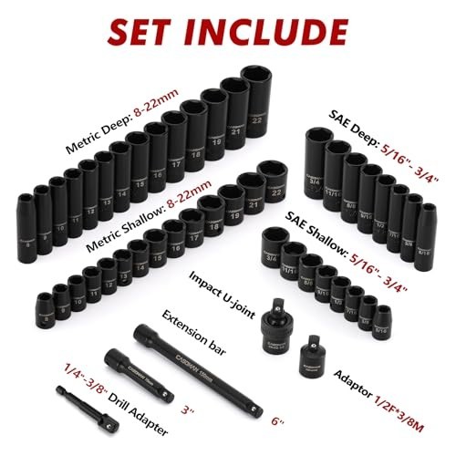 49-Piece 3/8″ Drive Impact Socket Set – SAE & Metric, 6 Point, Cr-V Steel, Durab