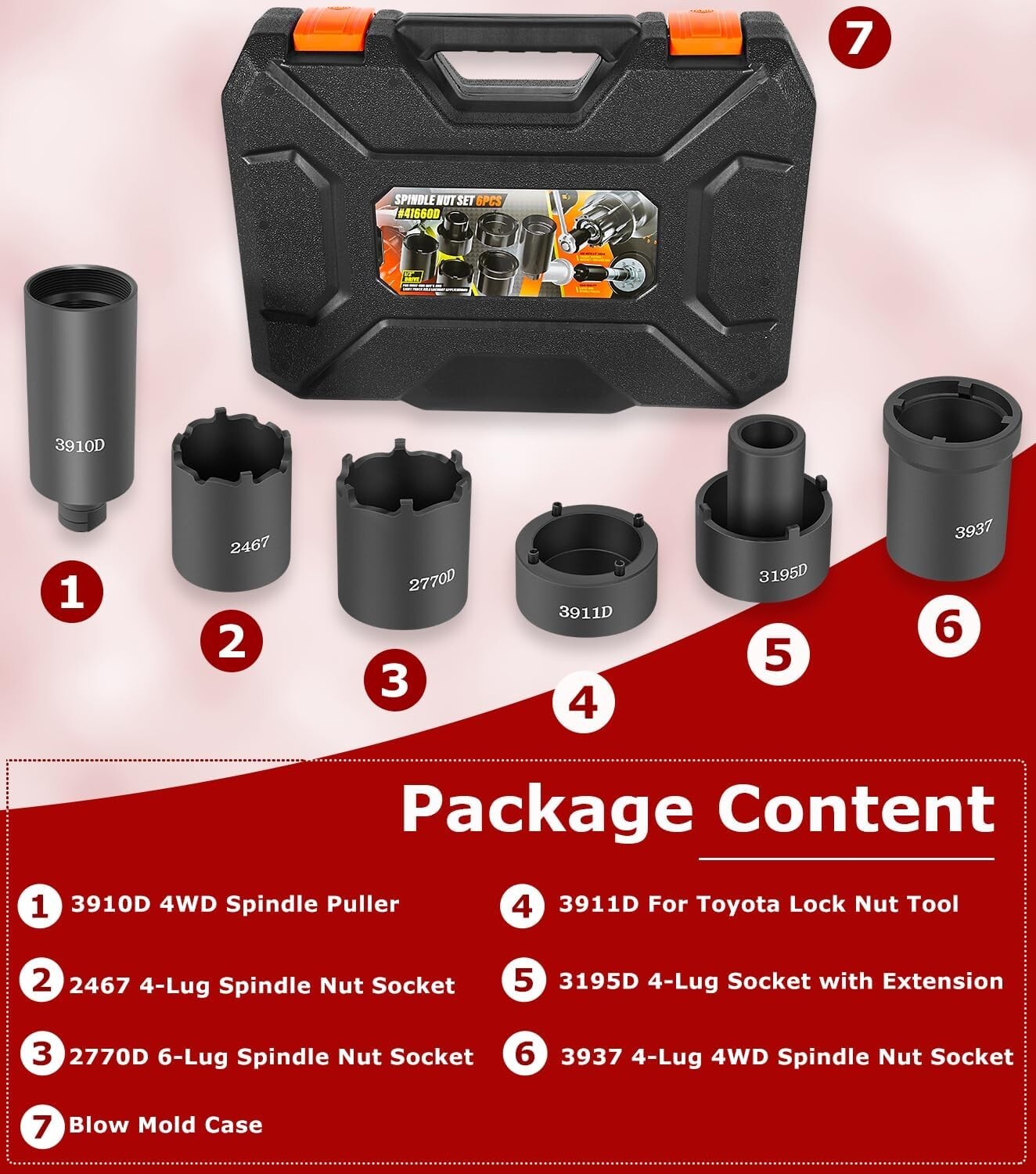 6 Pc Spindle Nut Set 41660D 4WD Spindle Nut Socket Spindle Puller 4-Lug Locknut