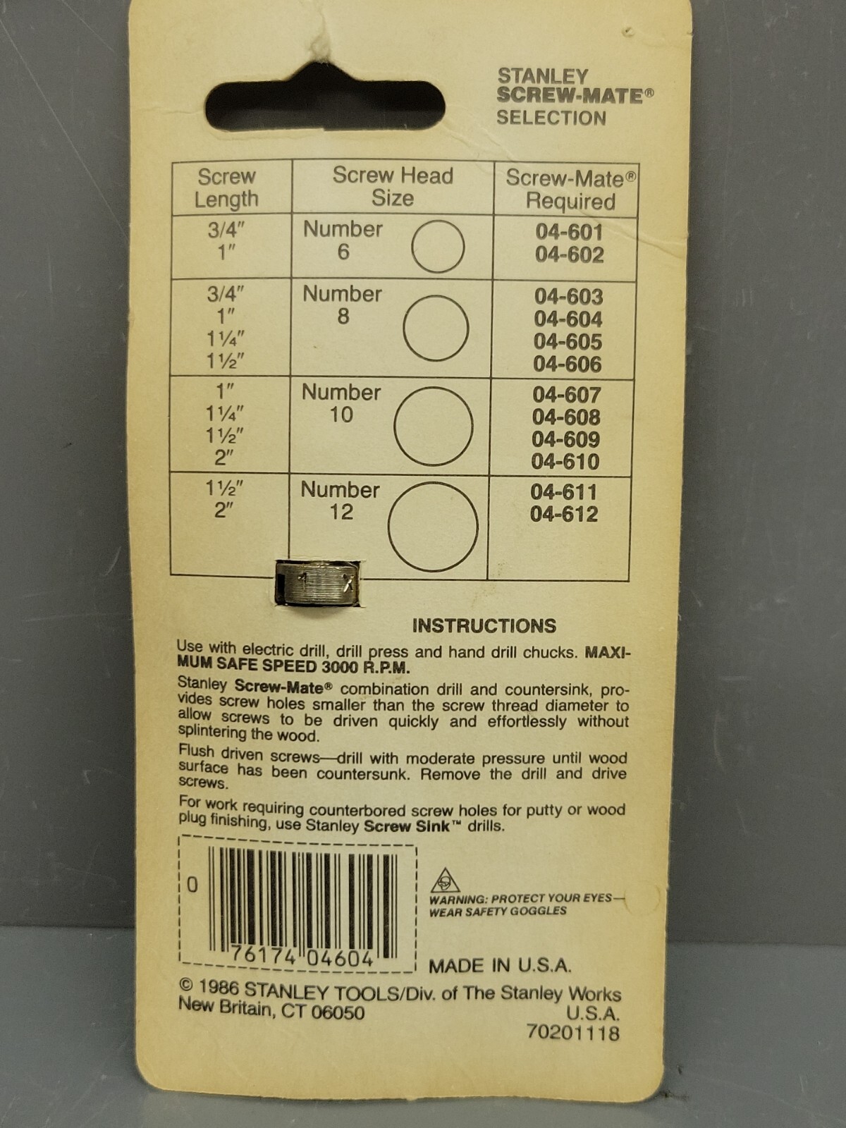 Stanley 04-604 Screw-Mate Drill & Countersink 1525 #04-604 1″ x #8 USA NOS