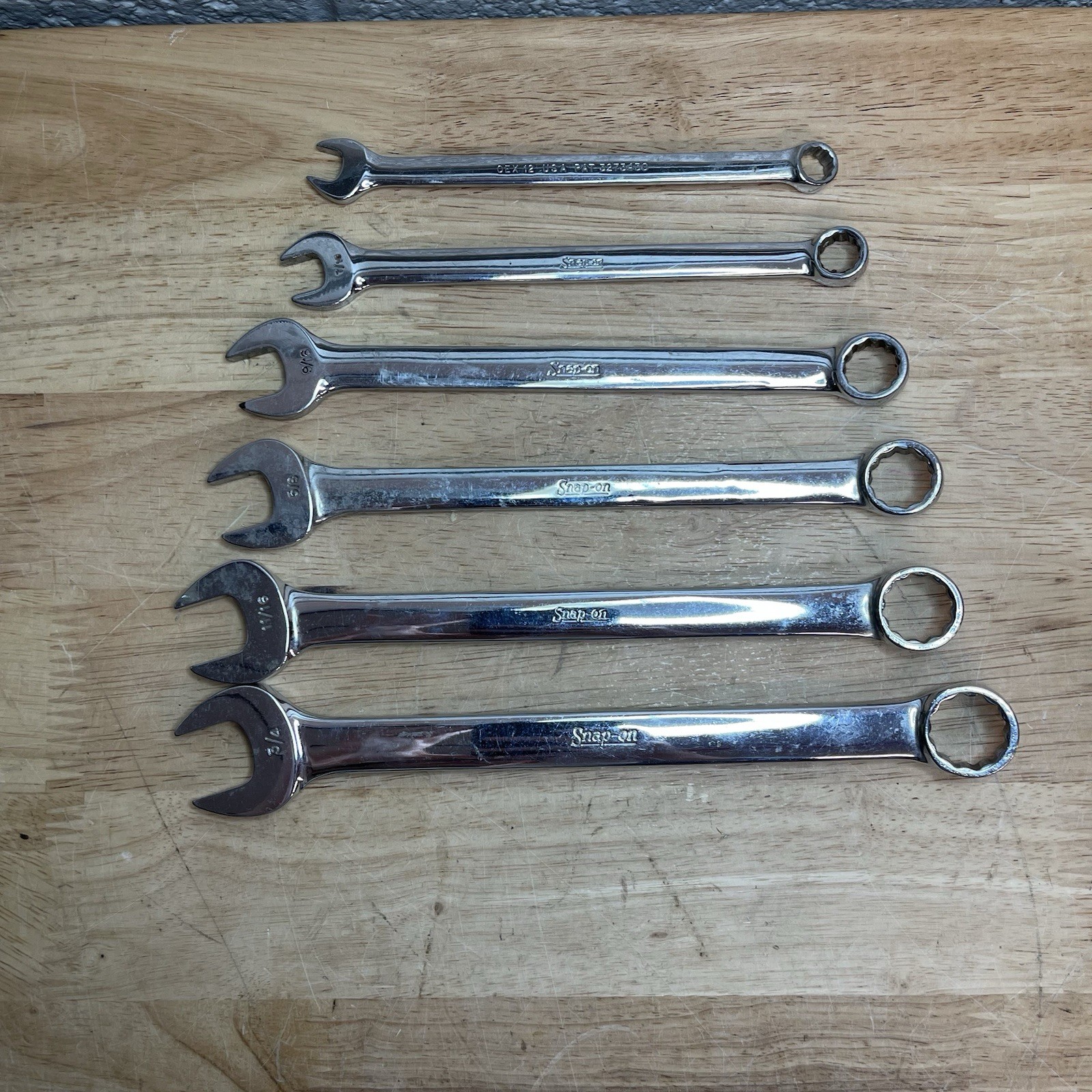 SNAP-ON 6 PC 12 PT COMBINATION WRENCHES (3/8″ OEX12- 3/4″ OEX24) USED.