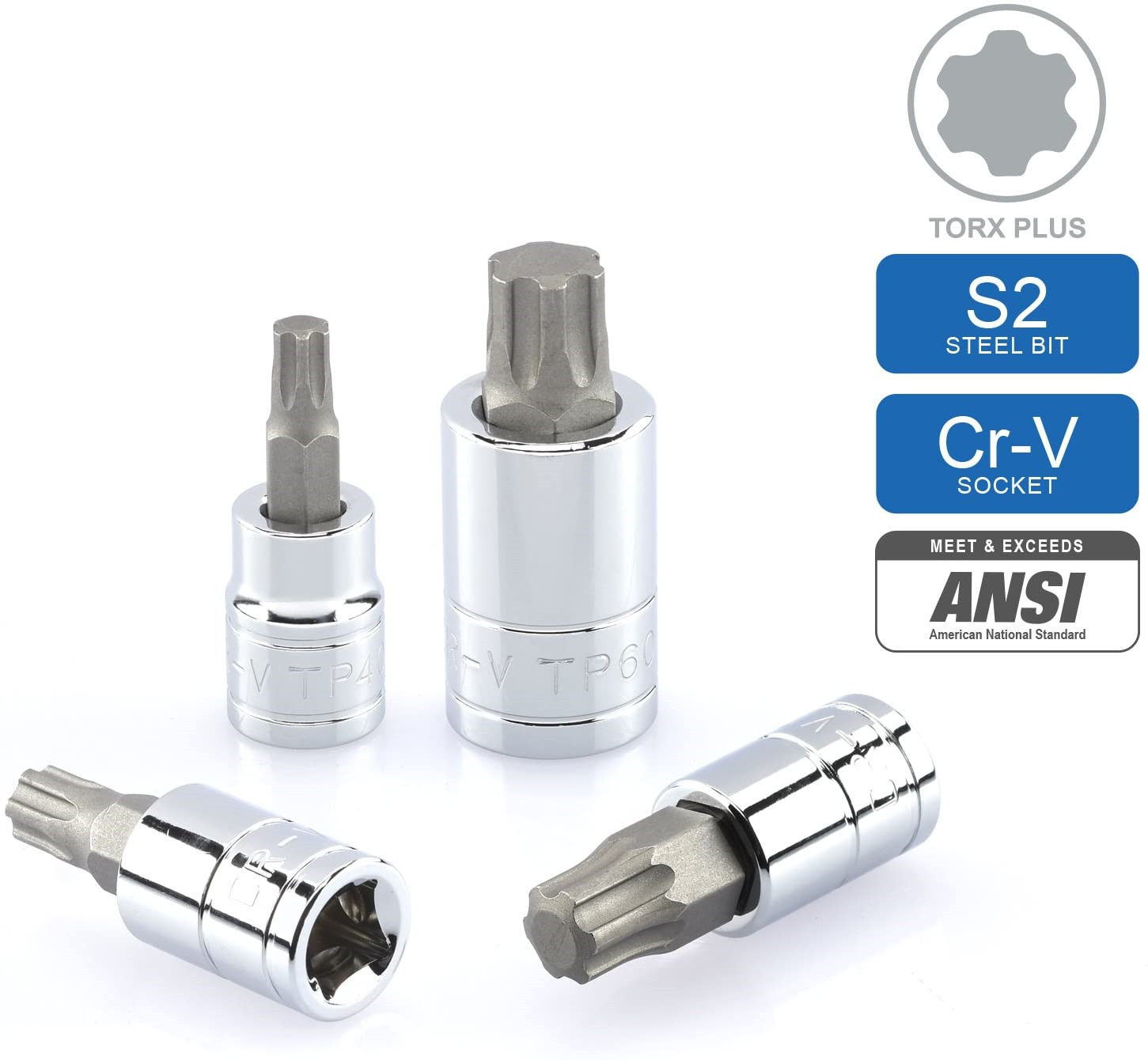 Neiko 10086A Tp8 – Tp60, Cr-V and S2 Steel Torx Plus Bit Socket, 6 Point Star 12