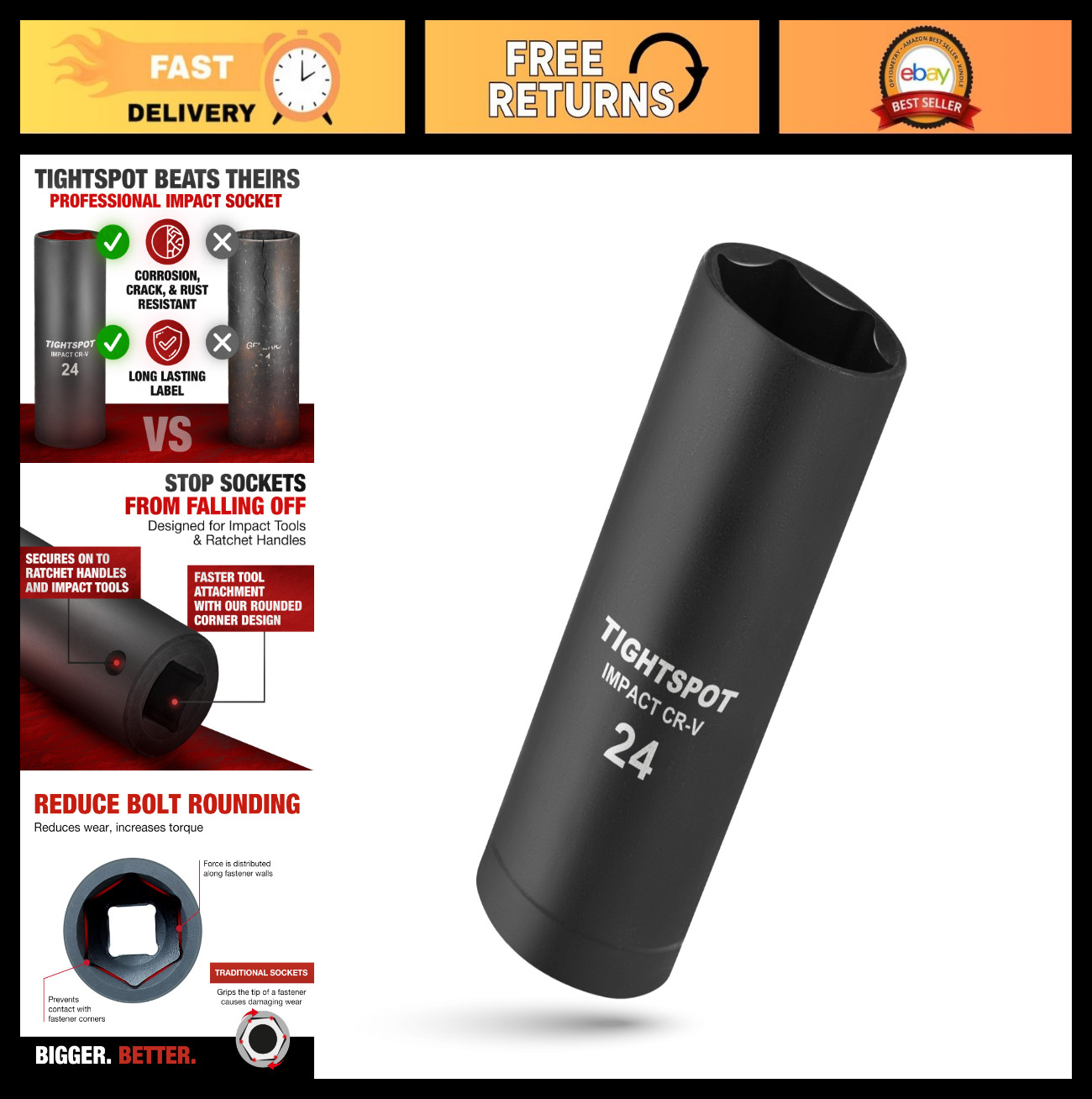 24mm Deep Socket 1/2″ Drive, Anti-Round 6-Point, CRV Steel Tool for Mechanics