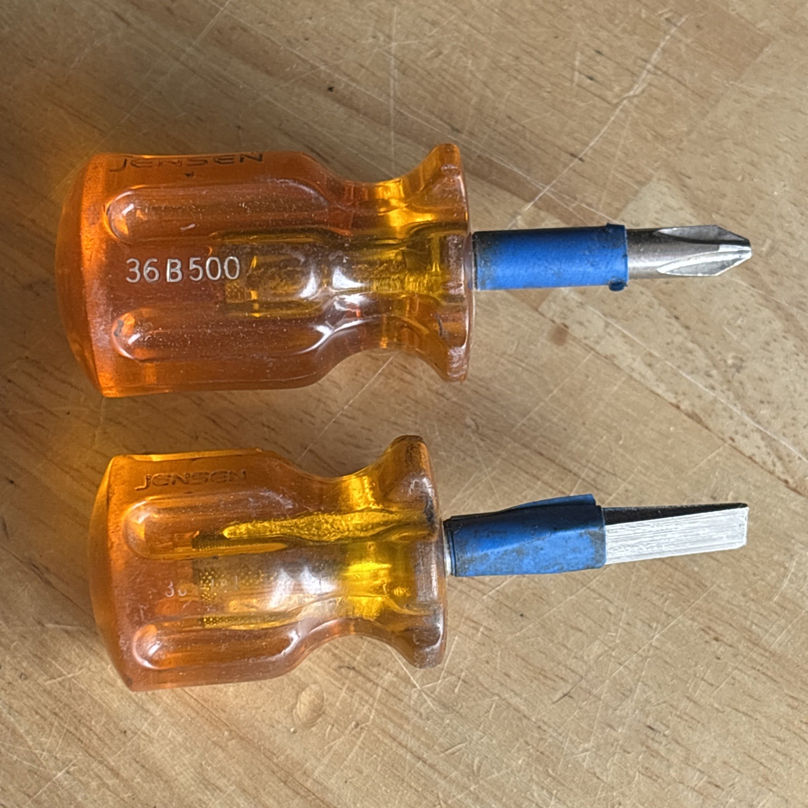 Jensen Tools Short Stubby Flat Slotted Phillips Screwdriver Set Orange 2pc USA