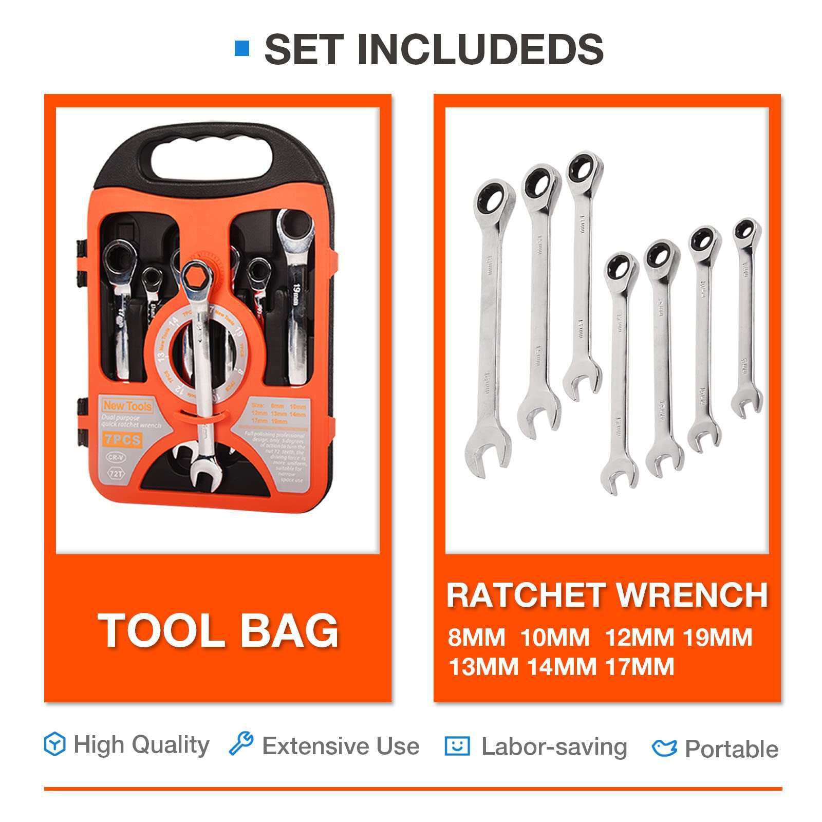 7PC Ratchet Combination Wrench Kit 8mm-19mm Chrome Vanadium Steel Fixed Spanners