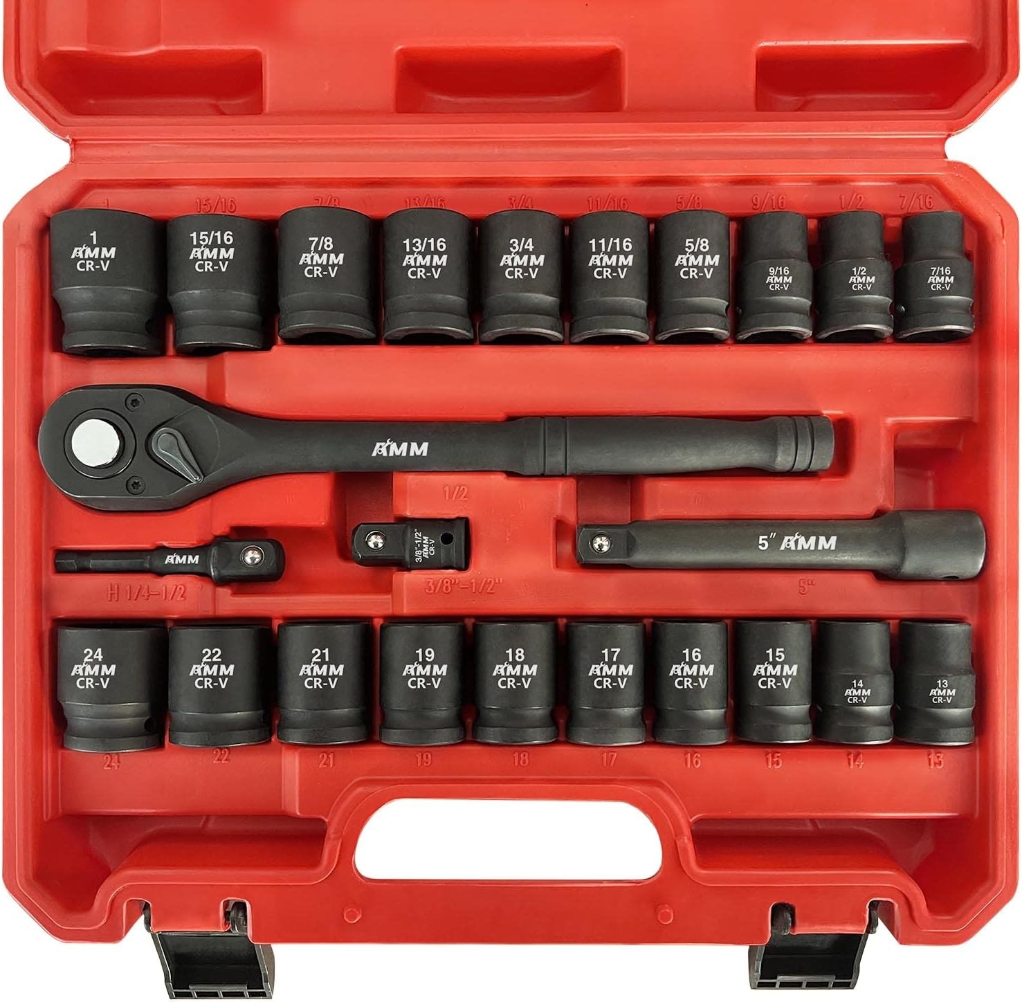 1/2″ Drive Master Impact Socket Set, 24-Piece Shallow Standard SAE (7/16-Inch t