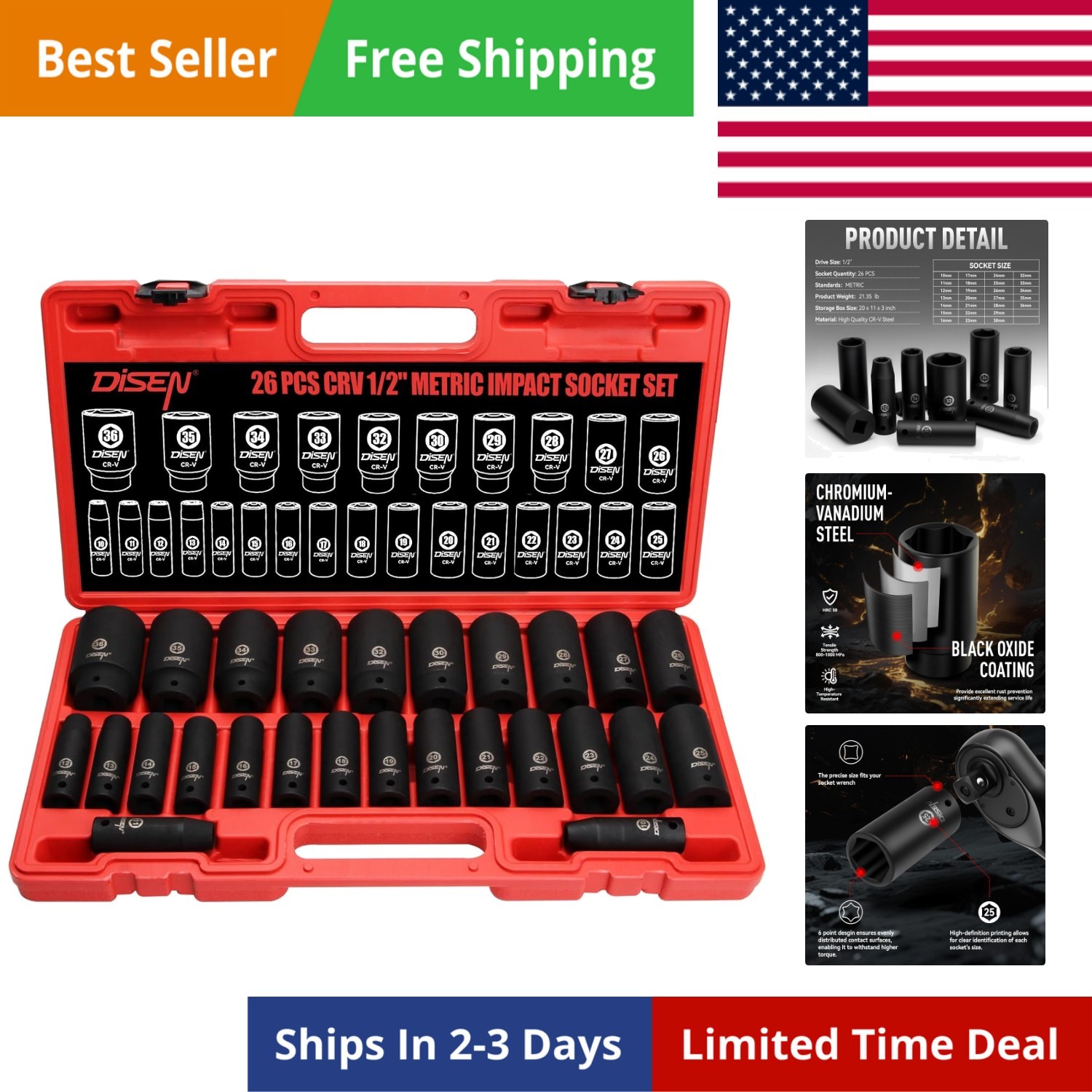 26 Pcs Metric 1/2″ Impact Socket Set, Deep Sockets Set Impact, 6-Point,Cr-V,R…