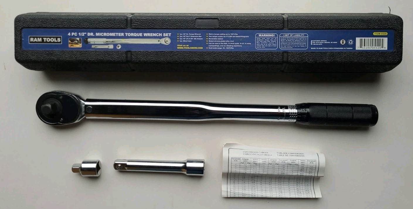 Ram Tools 1/2 Drive Ratcheting Head Micrometer Torque Wrench 10-150 Ft Lbs