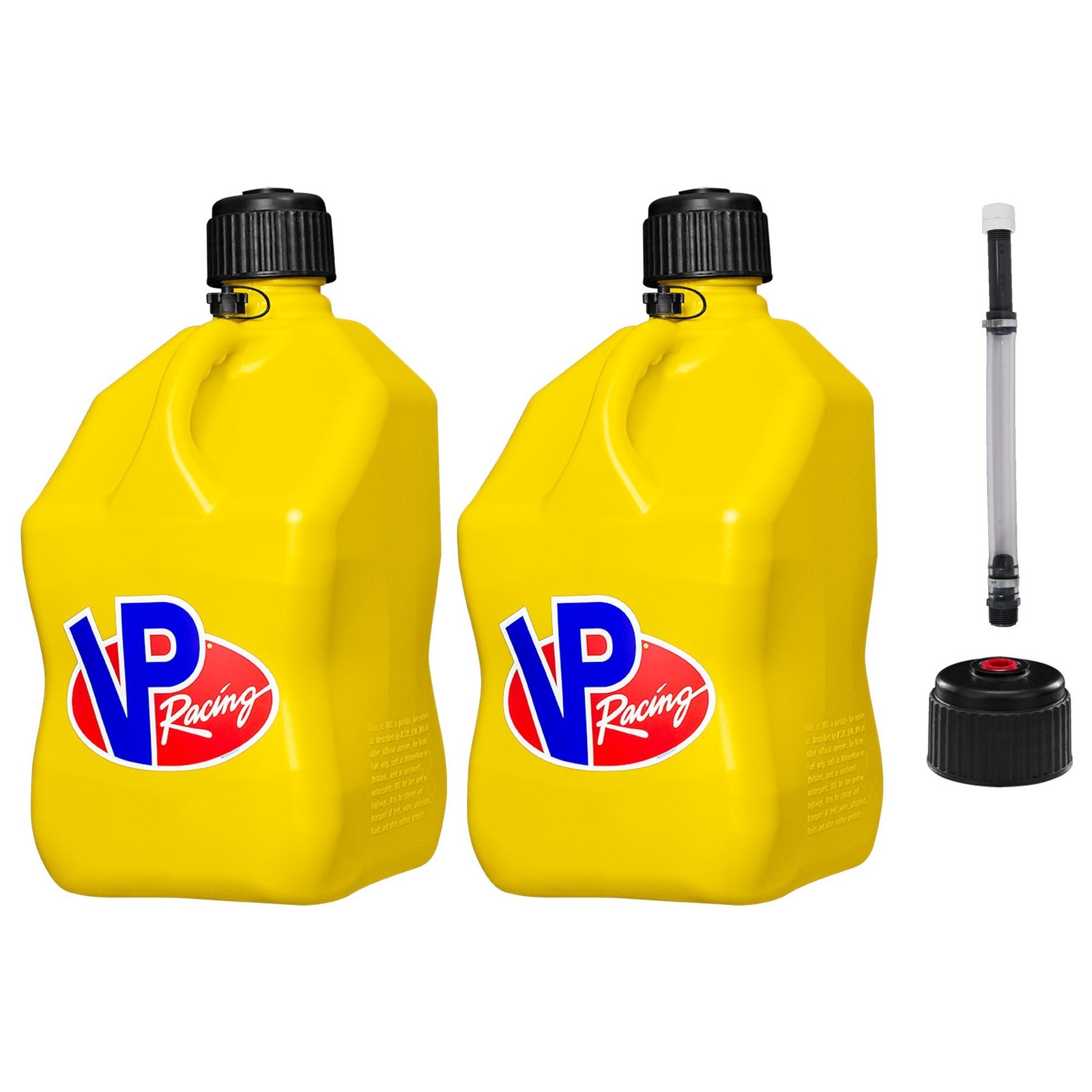 VP Racing Square Fuel Jug 5 Gallon Yellow x 2 – With Spare Cap and Filler Hose