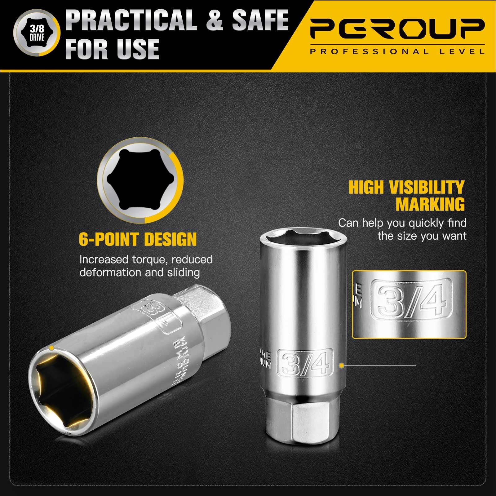 3/8″ Drive Spark Plug Socket Set, 6PCS, 6-Point, SAE and Metric, CR-V Steel