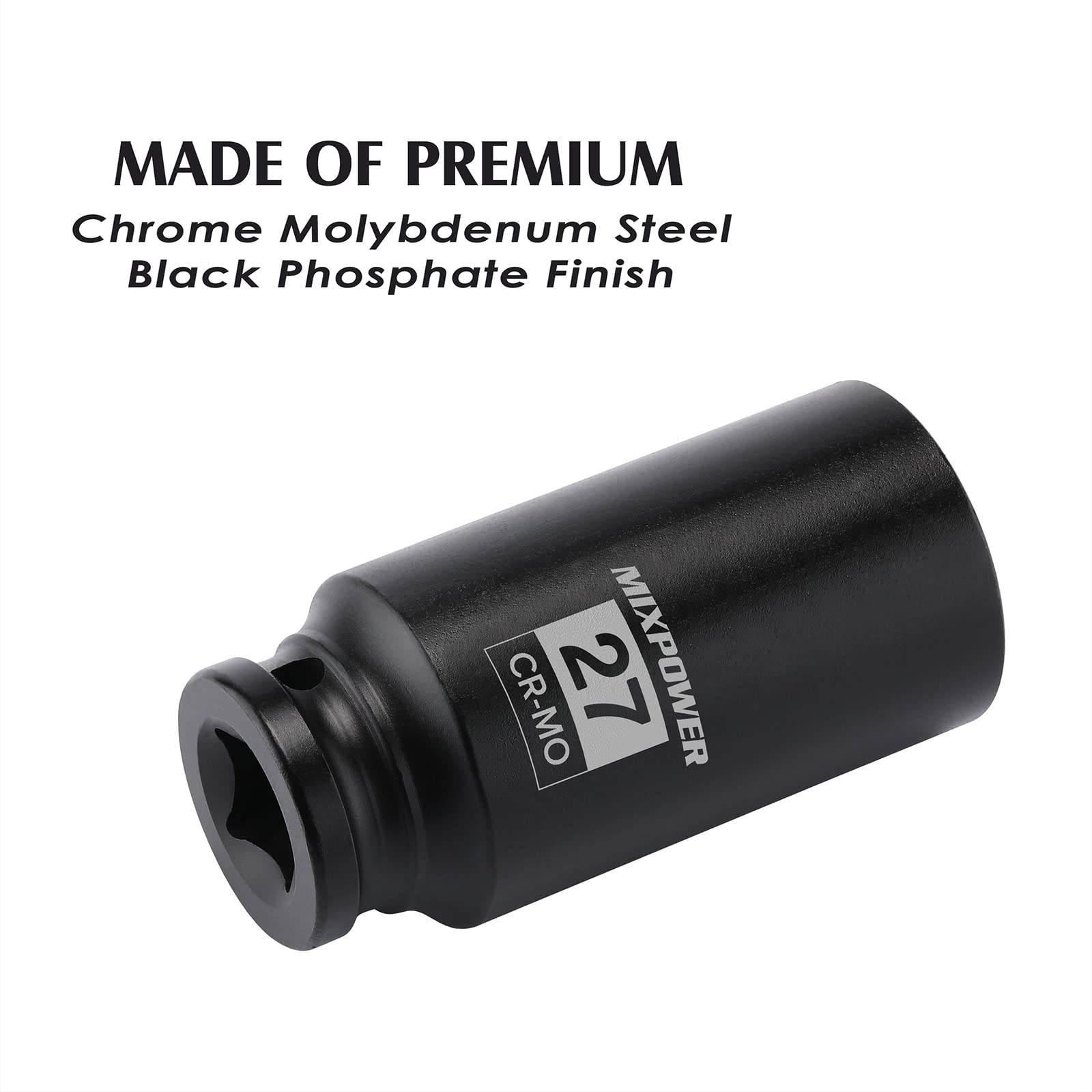 1/2″ Dr. x 27 mm Deep 6 PT Impact Socket, CR-MO, 1/2-inch Drive 27mm