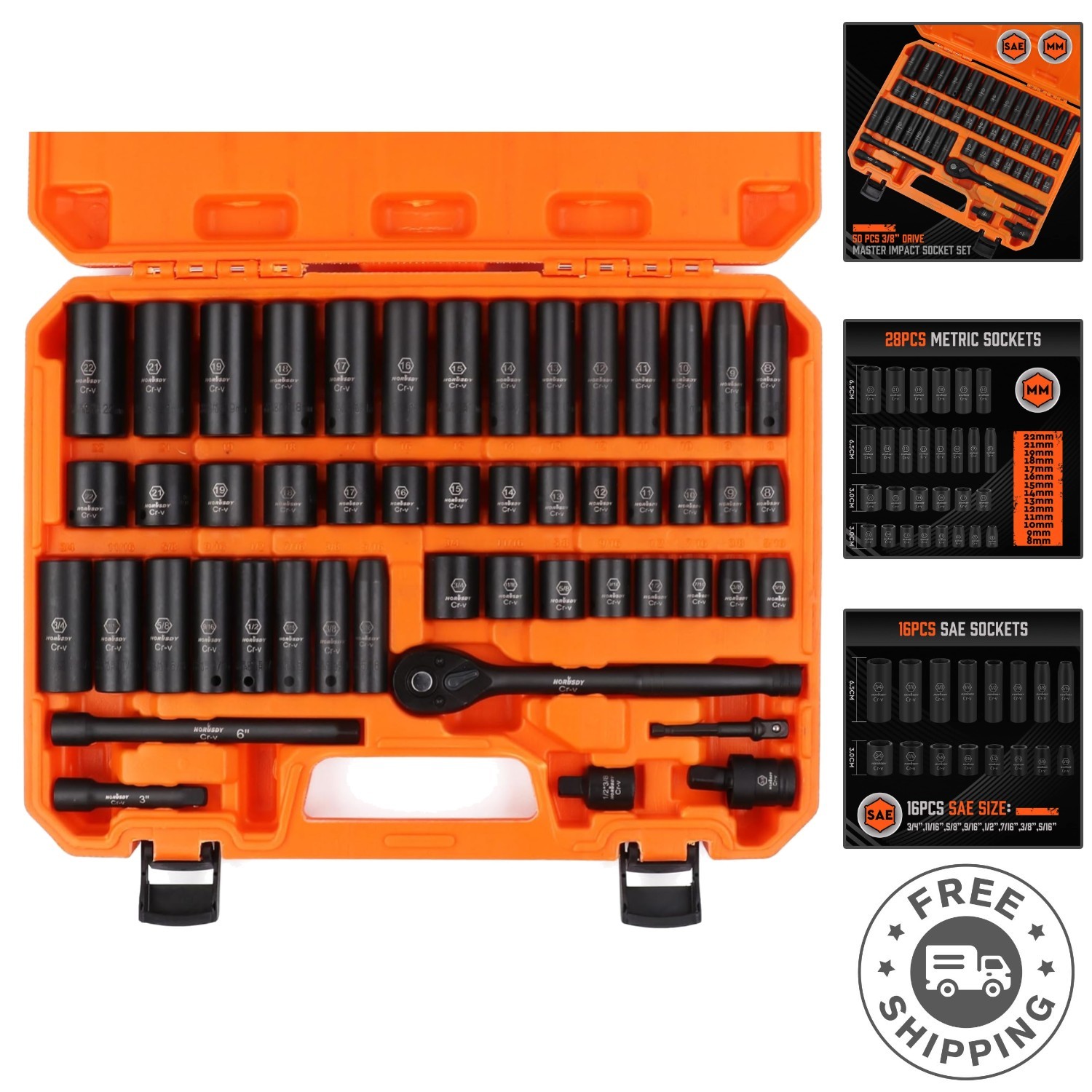 Durable 50-Piece 3/8″ Drive Chrome Vanadium Impact Socket Set with Storage