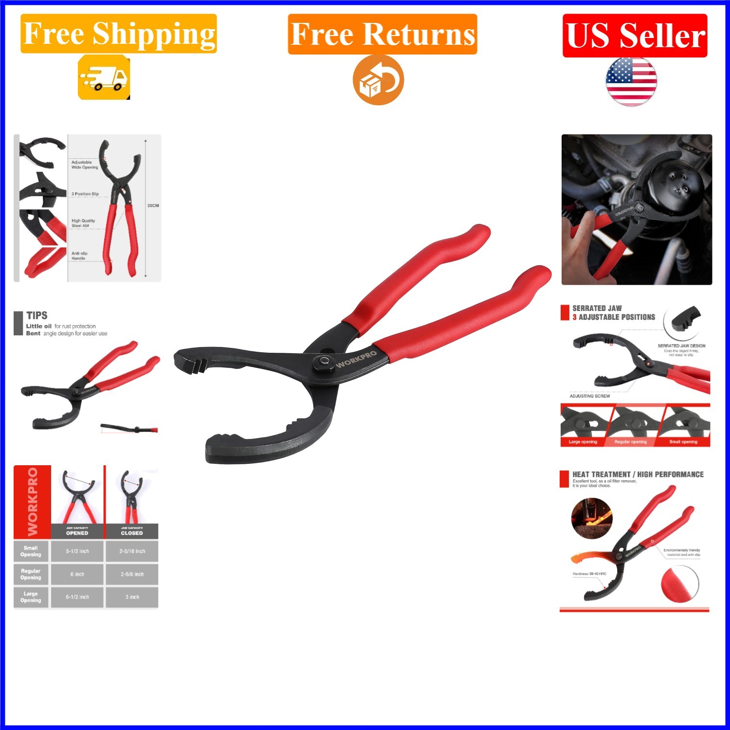 12-Inch Adjustable Oil Filter Pliers, High Carbon Steel, Red Handle