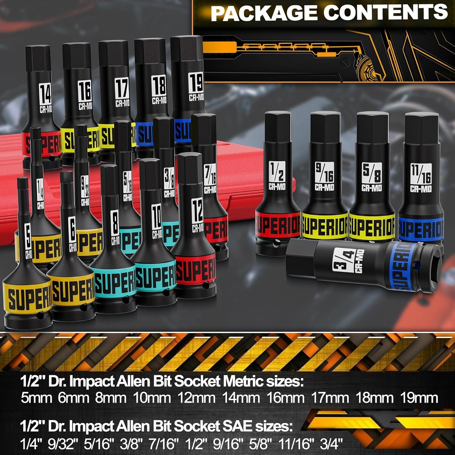 Impact Hex Bit Socket Set Metric & SAE 1/2Inch Drive Impact Allen Bit Socket Set