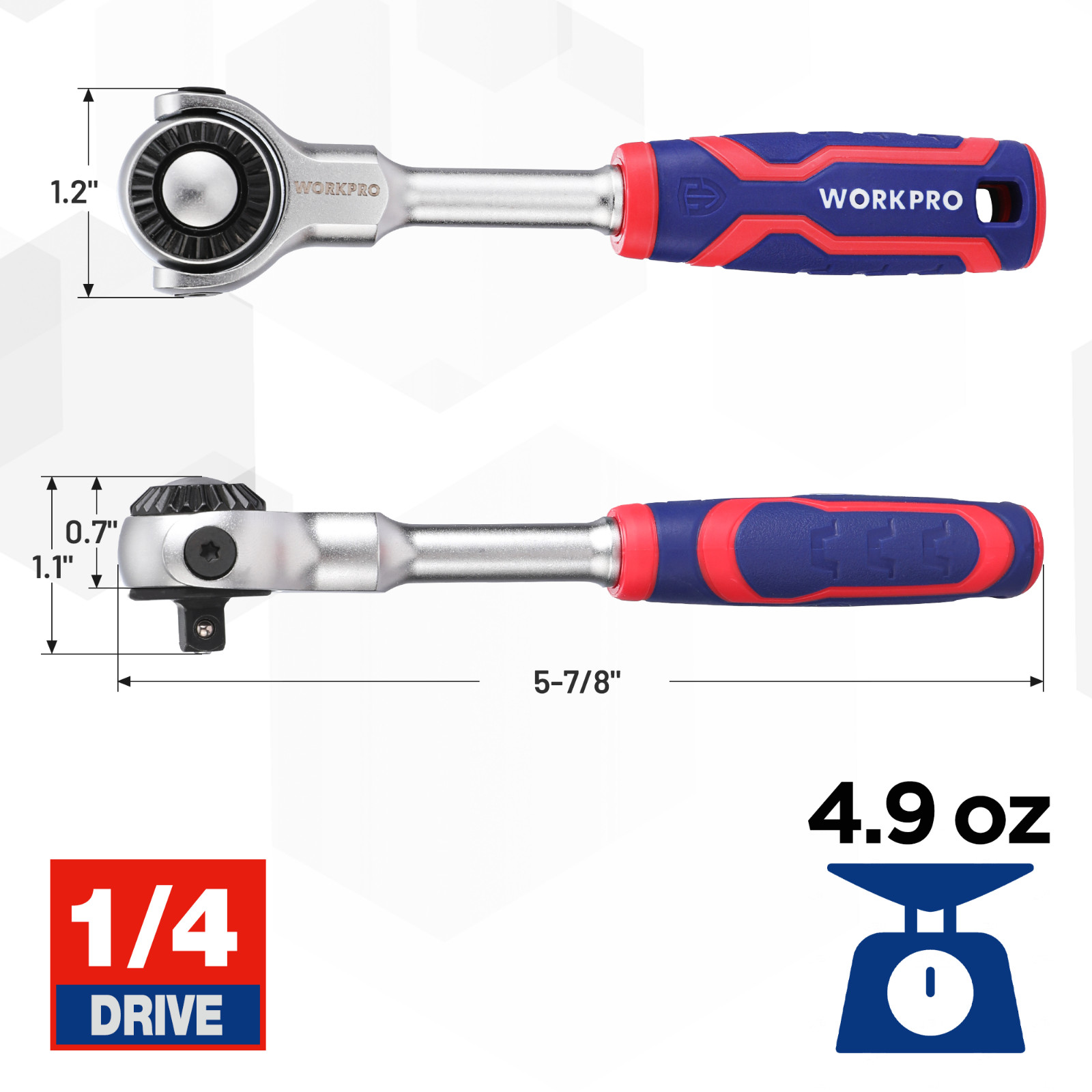 1/4»Drive Ratchet 72-Tooth Swivel Head 270°Swivel Quick-release Reversible