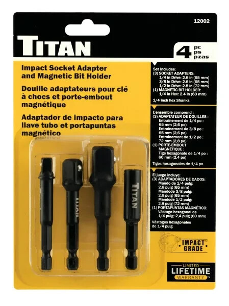 Titan 12002 4pc Hex Shank Impact Socket Adapter & Magnetic Bit Holder