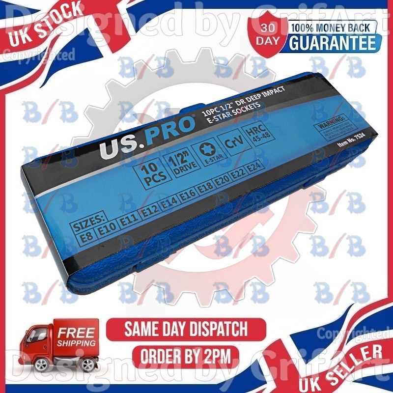 US PRO 10PC 1/2″ DEEP DRIVE FEMALE IMPACT E STAR SOCKET SET TORX TORQ E8 – E24