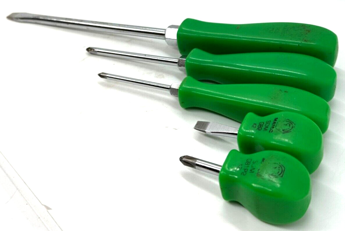 VTG Matco Tools Phillips Flat Standard Tip Screwdriver Set Lot Green Stubby Long