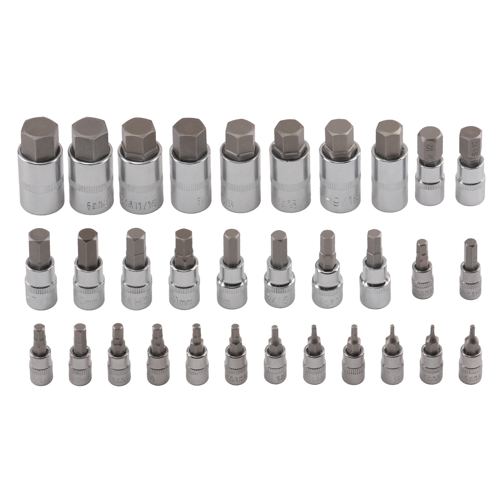 32 Piece Hex Bit Socket Set 1/4 3/8 1/2 in S2 Steel Metric SAE Chrome