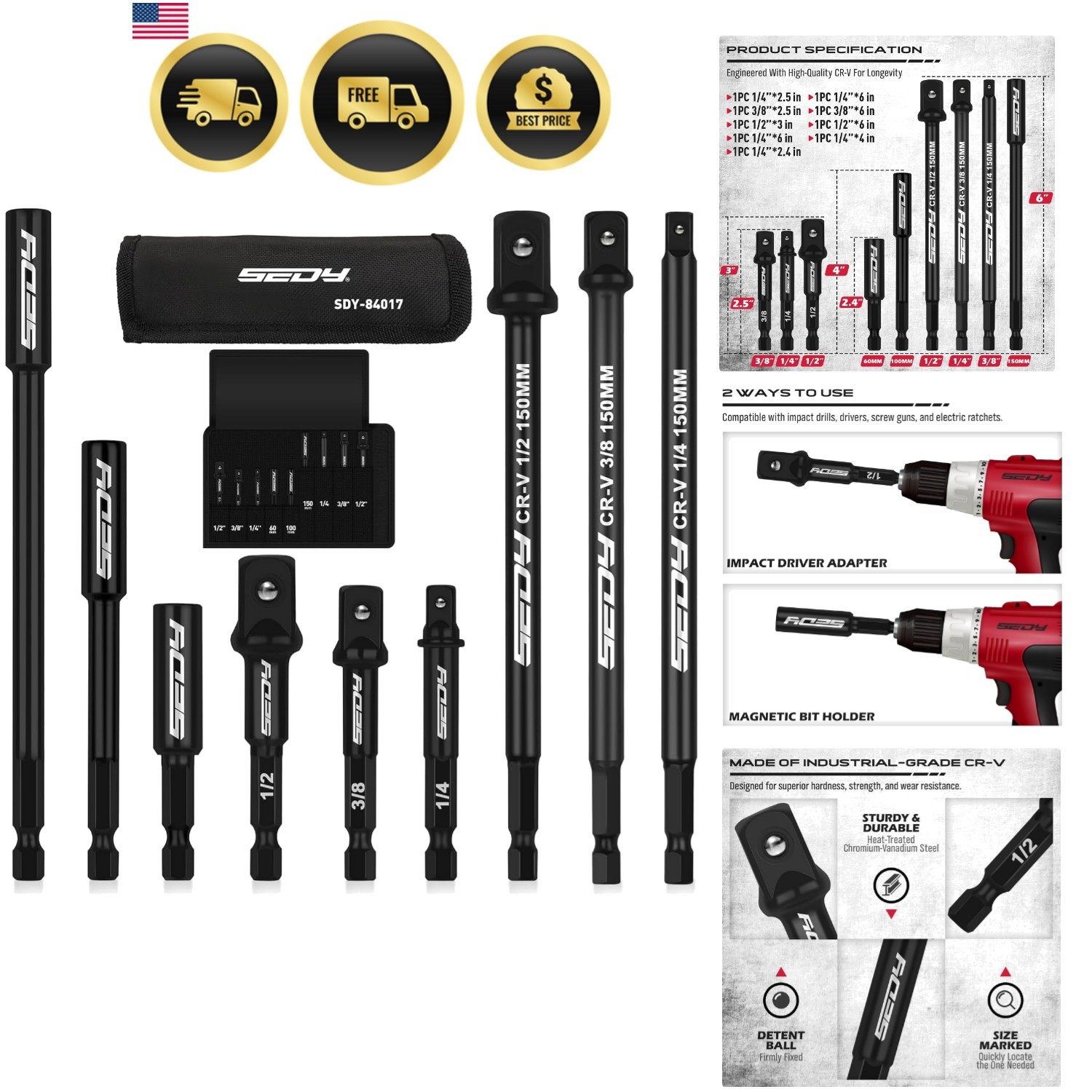 9-Piece Impact Socket Adapter Set, 1/4″ 3/8″ 1/2″ Driver Socket Adapter, Powe…