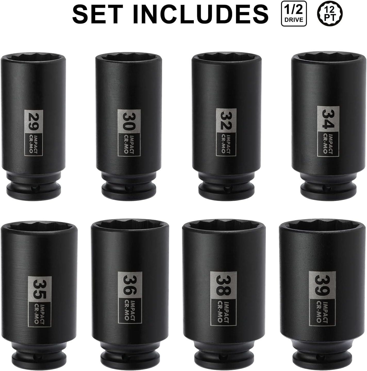 Deep Axle Nut Impact Socket Set,12Point Design Metric, 29,30,32,34,35,36,38,39mm