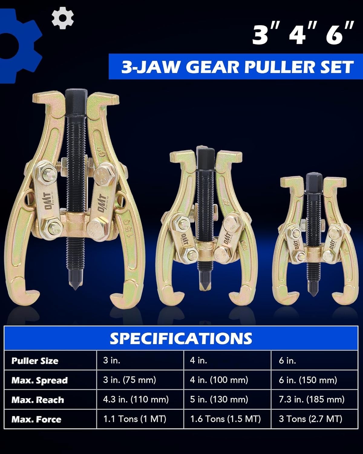 3-Piece Heavy-Duty Gear Puller Set – Reversible Jaws for Safe Component Removal