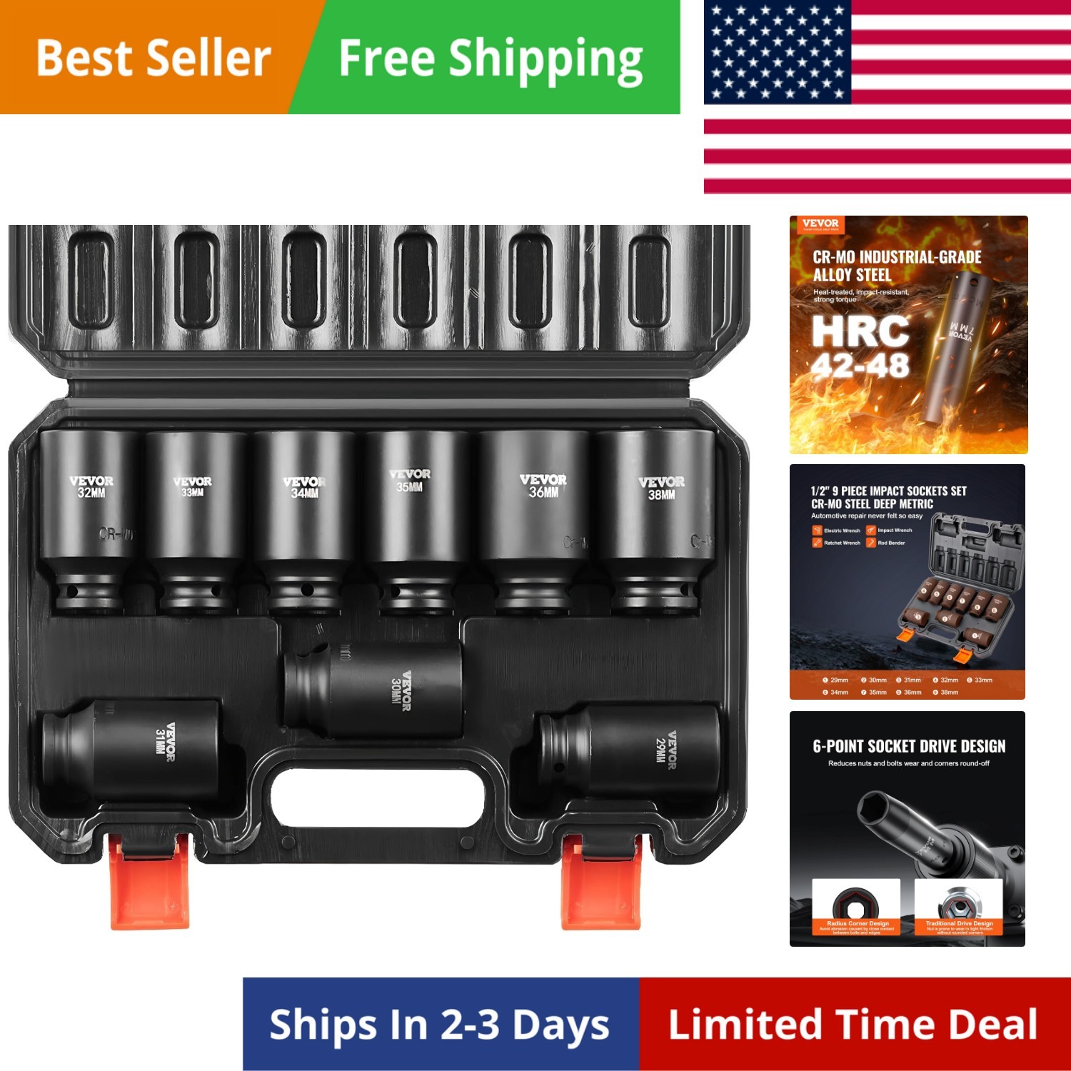 1/2″ Drive Impact Socket Set, 9 Piece Deep Socket Set Metric 29-38mm, 6 Point…
