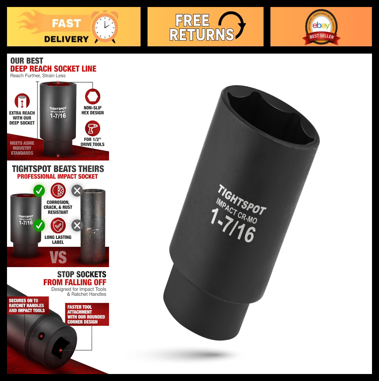 1/2″ Drive 1-7/16″ Deep Impact Socket, Anti-Rounding 6-Point, Heat-Treated CRMO