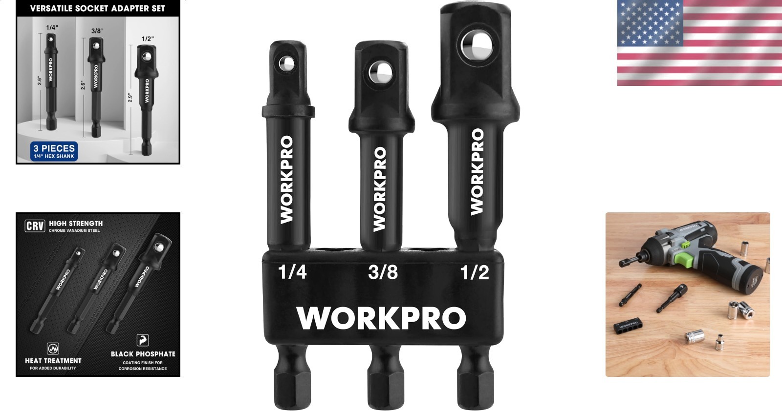 Durable 3-Piece Socket Adapter Set, 1/4 3/8 1/2 Inch Hex Shank Impact Grade