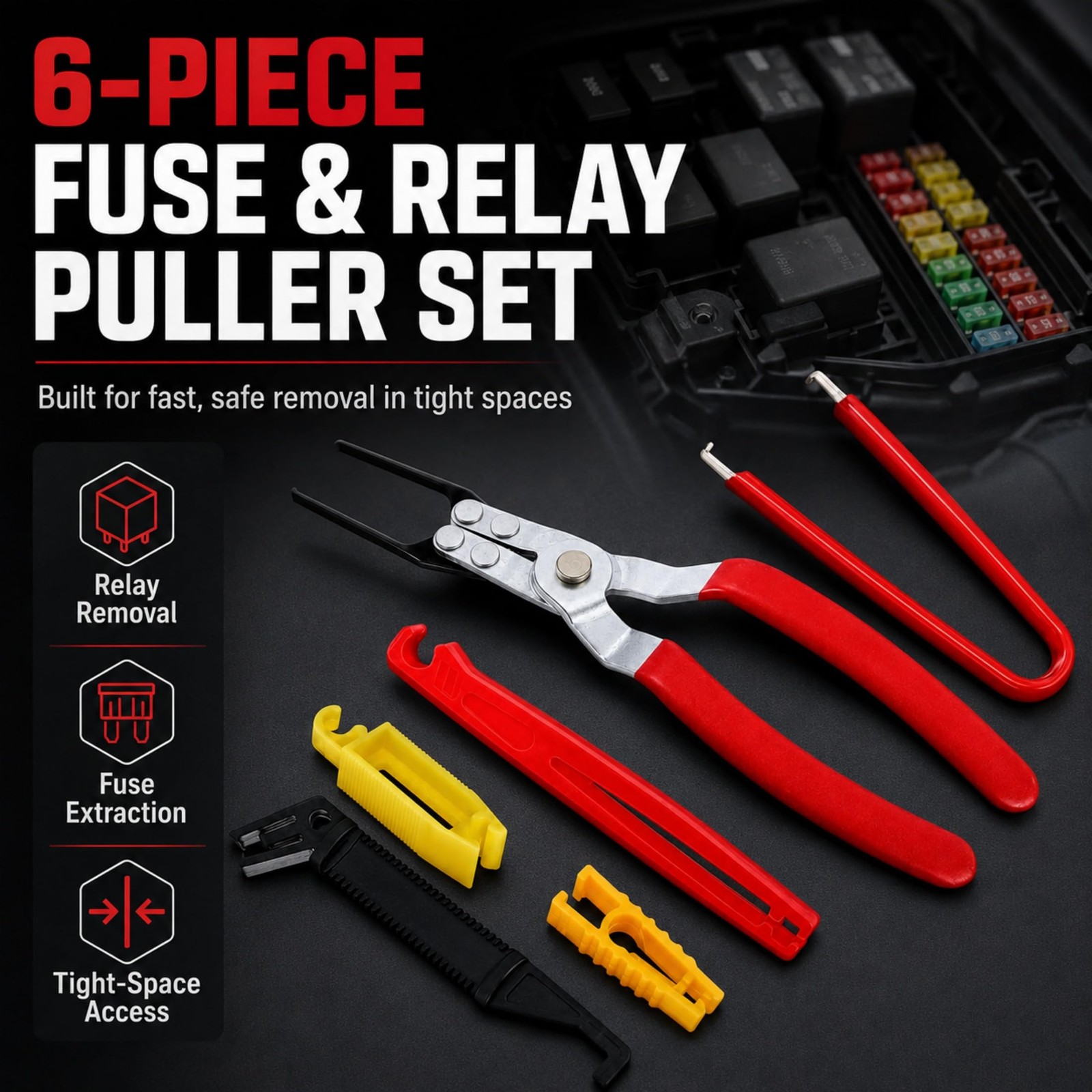 Fuse Relay Puller Pliers 6 Piece Set Forged Metal Stainless Steel Automotive Too