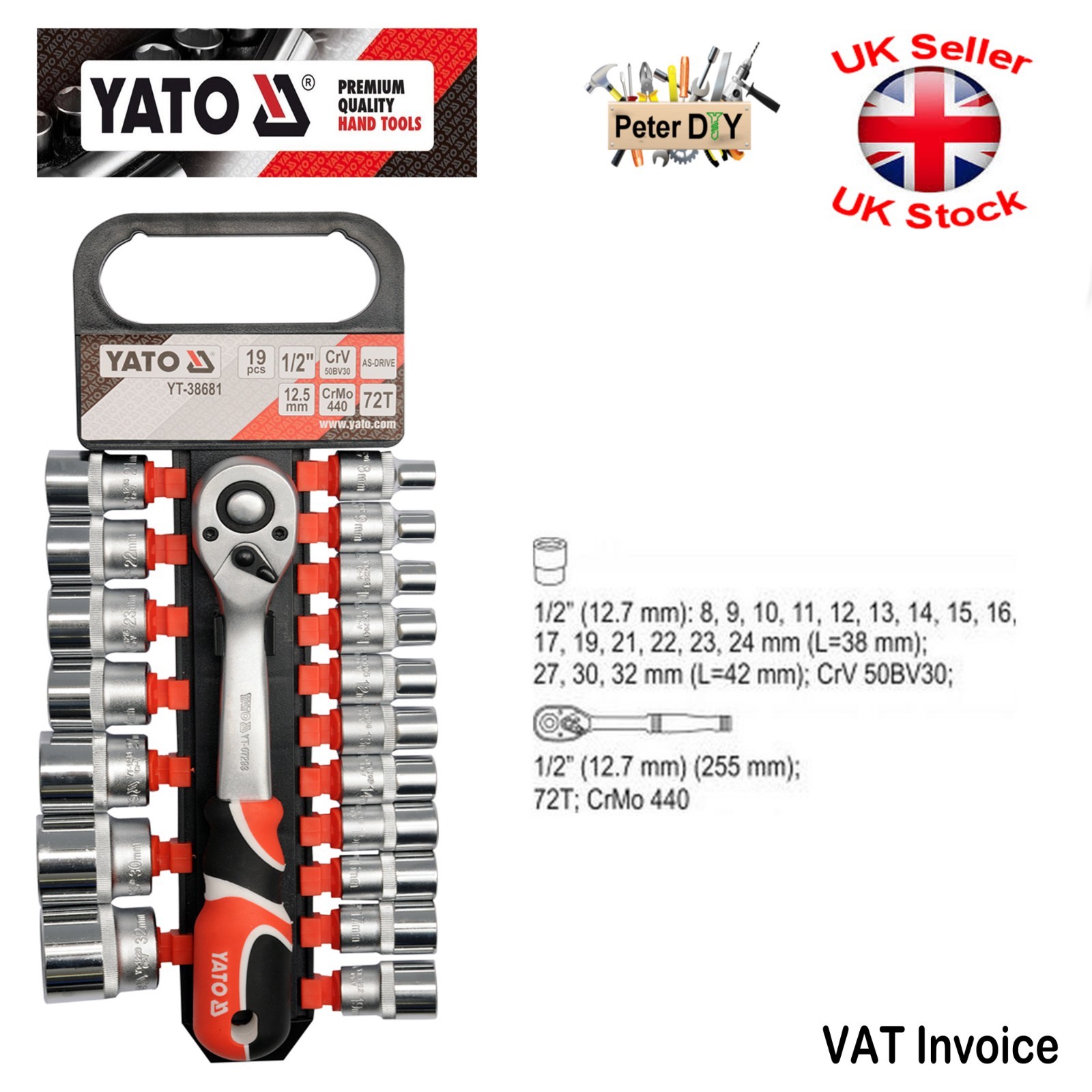 Yato Professional Ratchet Socket Set 1/2″ 19 pcs Tools AS-DRIVE YT-38681