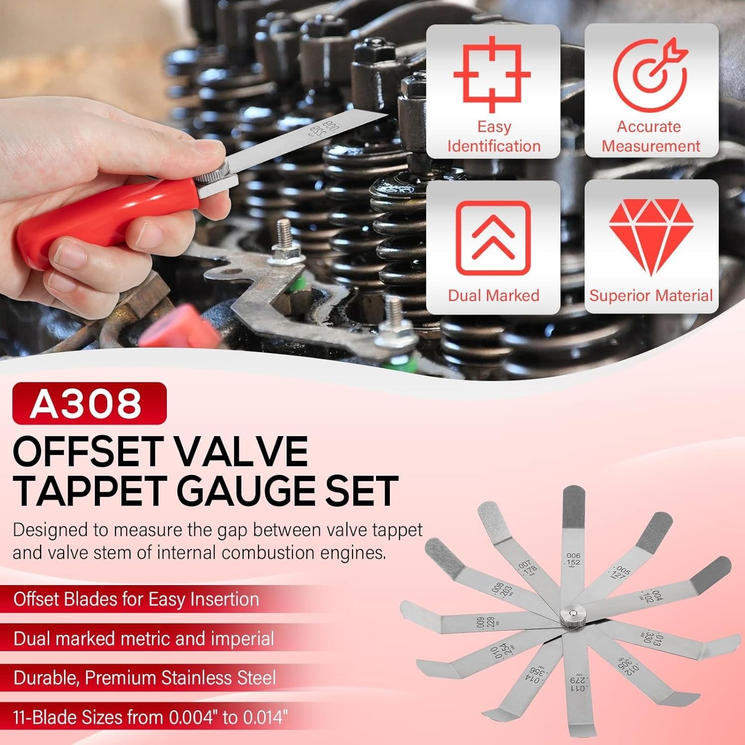 Valve Clearance Adjustment Tool Kit Offset Feeler Gauge Set+Jam Nut Valve