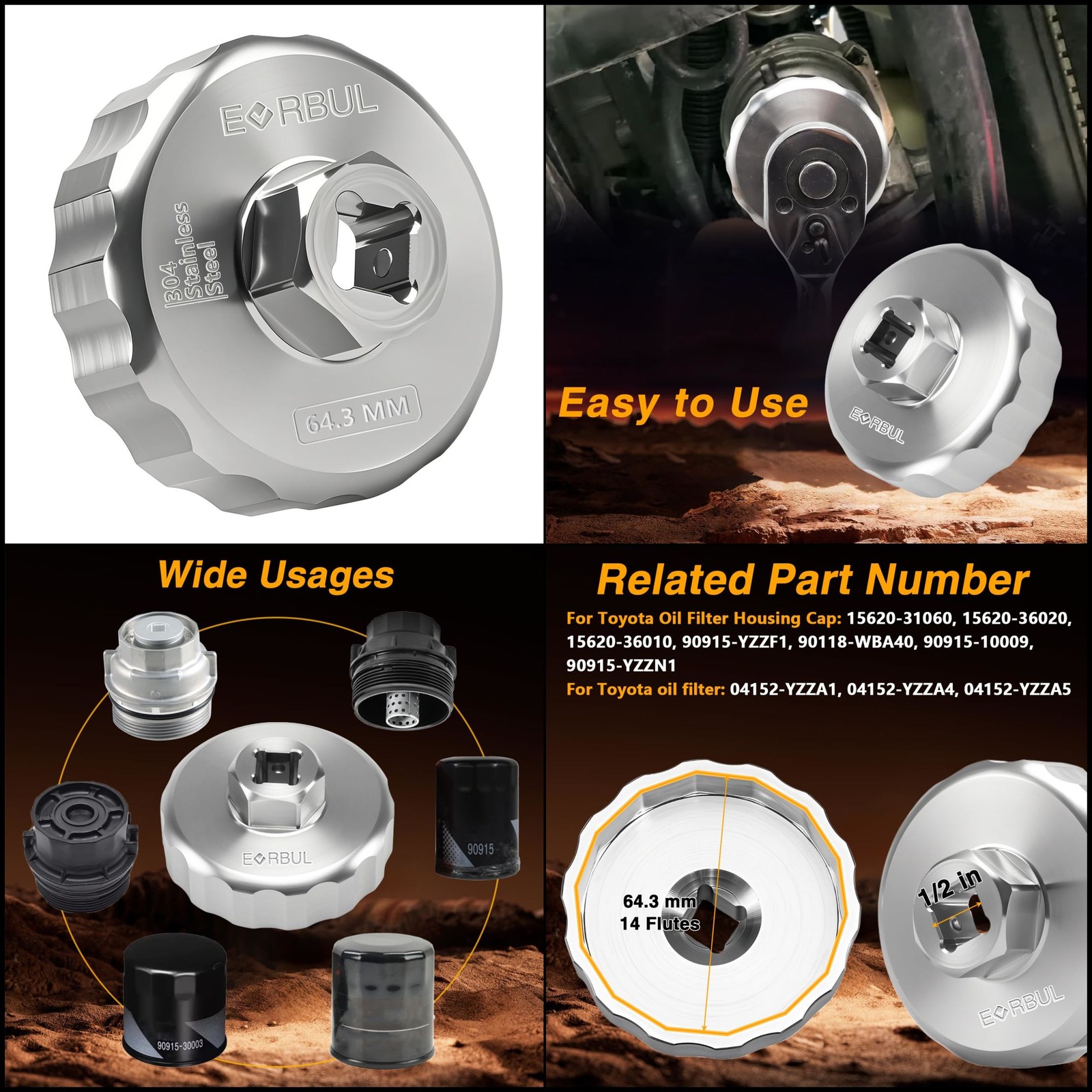 EVRBUL Upgraded 64.3mm Oil Filter Cap Wrench Tool 14 Flute for Toyota Lexus SS