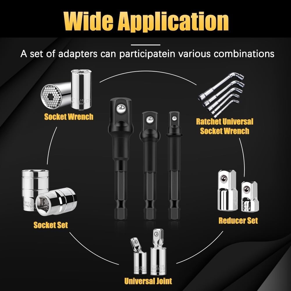 6 PCS Socket Adapter Set: Cr-V Drill Adapters, Hex to Square Conversion