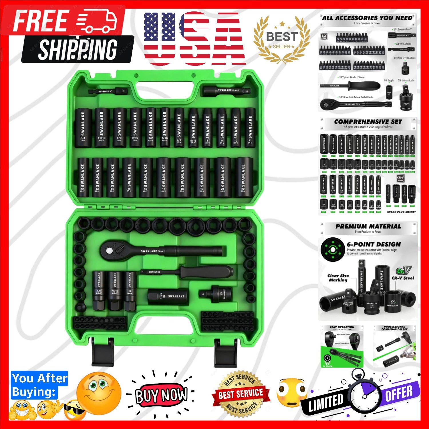 105-Piece 3/8″ Drive Impact Socket Set, SAE 5/16 to 3/4 inch and Metric 8-22m…