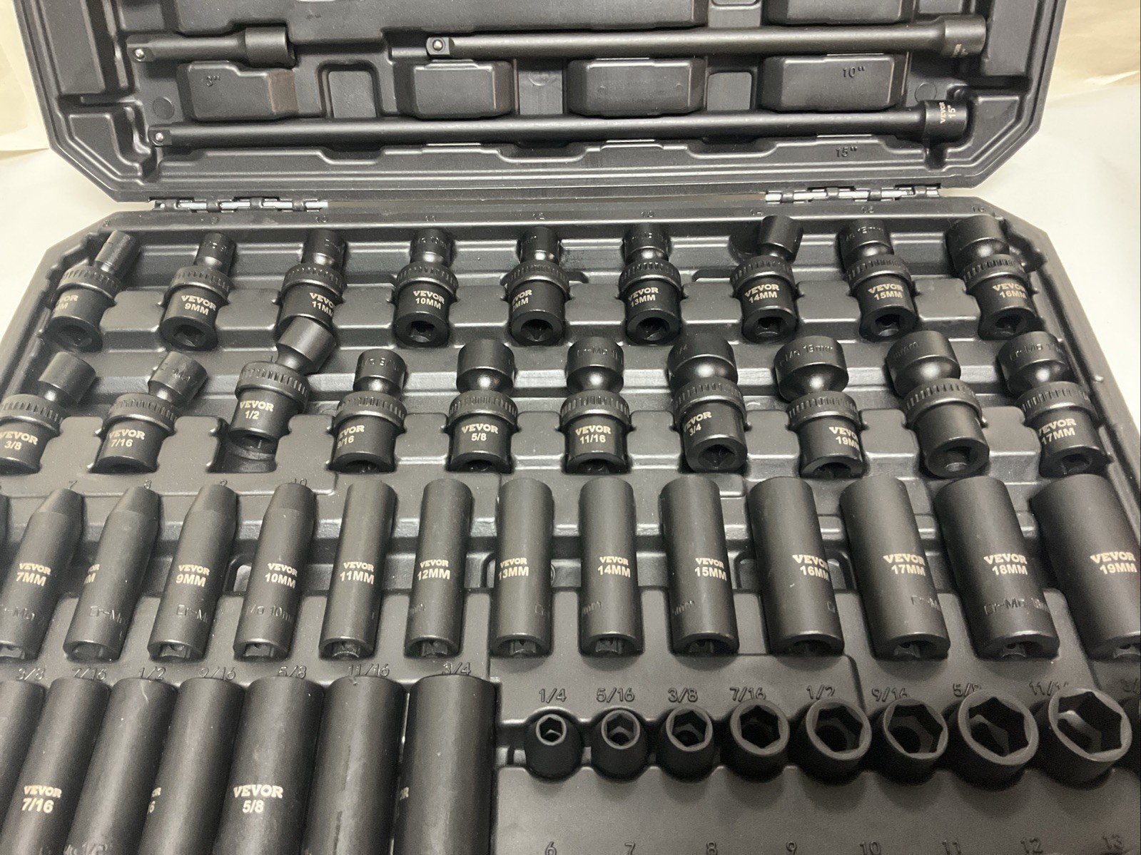 VEVOR 90-Pc 3/8» Impact Socket Set CR-MO SAE & Metric 1/4»-3/4», 6-19mm