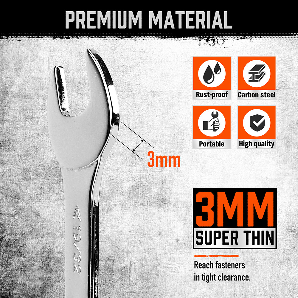 9PC Super-Thin Open End Wrench Set Rolling Pouch SAE Slim Spanner 1/4″-1-1/16″