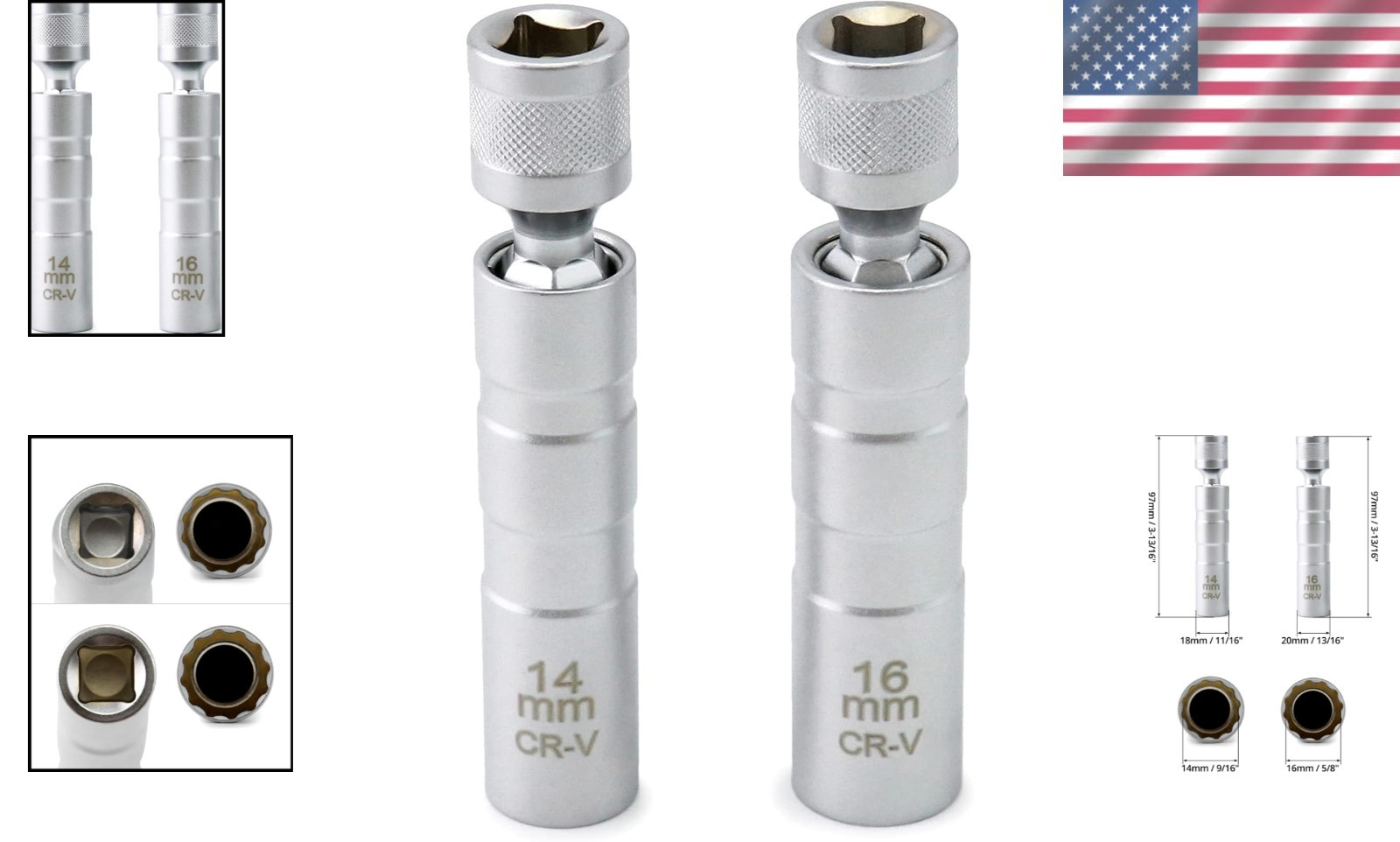 14mm & 16mm Magnetic Swivel Spark Plug Socket 360° Flexibility Tool