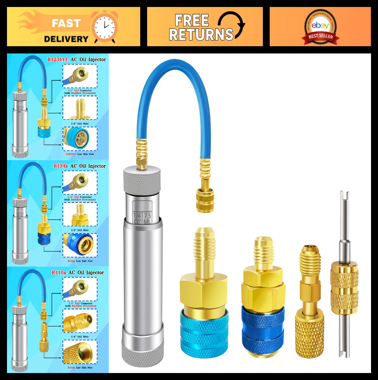 HVAC AC Oil Injector Tool for R1234YF R134A R410A – 2 OZ Dye Oil Injector with 1