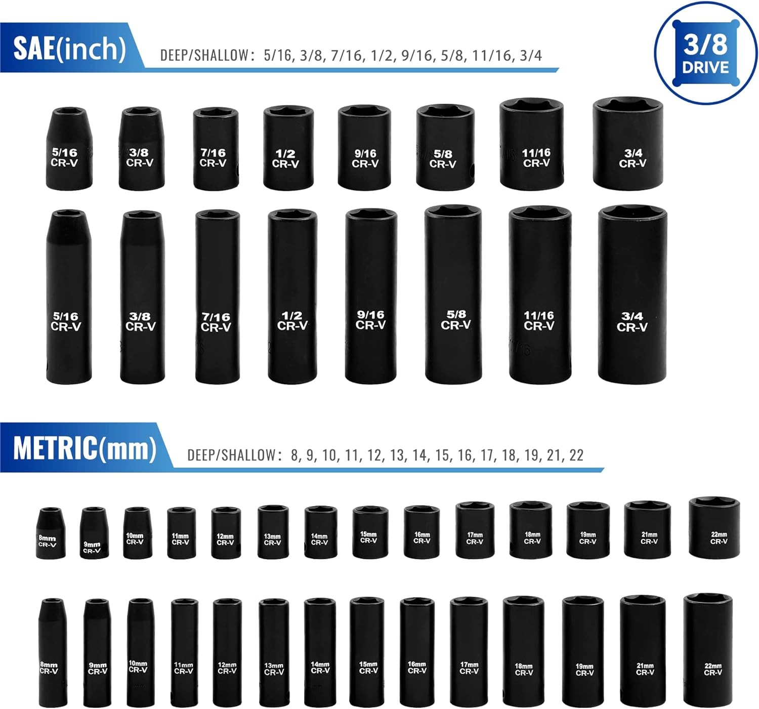 50-Piece 3/8″ Drive Socket Set, SAE 3/8" 50 PCS & Metric