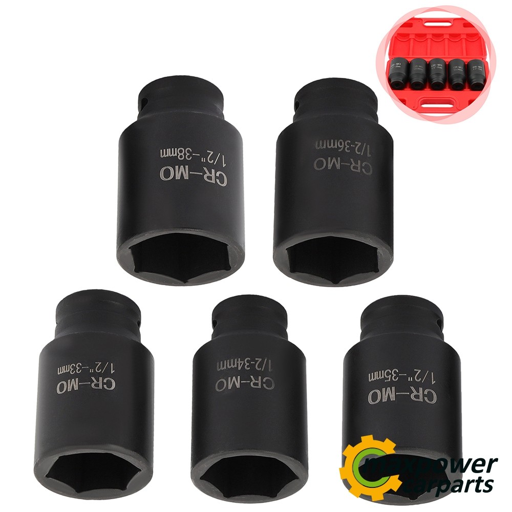 5pcs 33, 34,35mm, 36mm,38mm Deep Spindle Axle Nut Socket Set 6 POINT 1/2» Drive