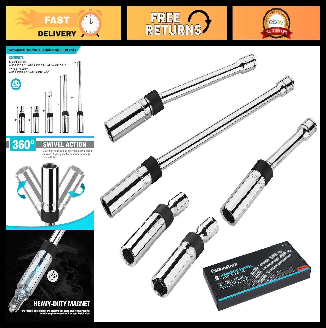 5PCS Magnetic Spark Plug Socket Set, 3/8″ Drive, Thin Wall, Cr-V Steel, 6-Point