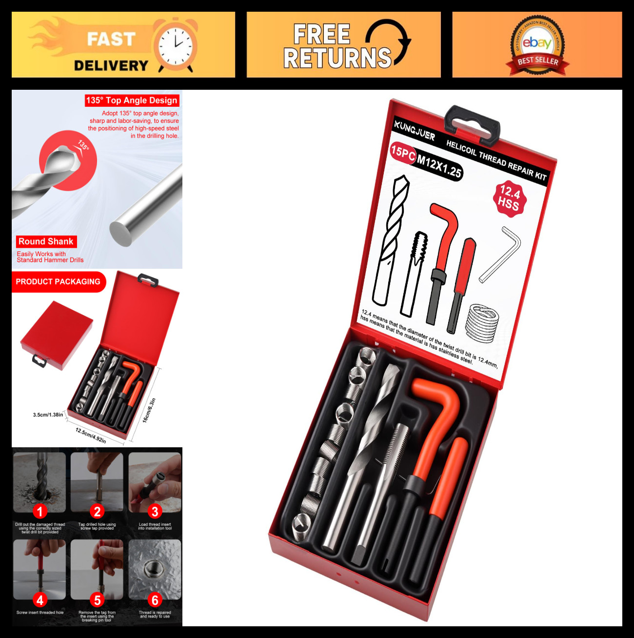 Metric Thread Repair Insert Kit M12X1.25mm | Rethreading Tool Set with HSS Drill