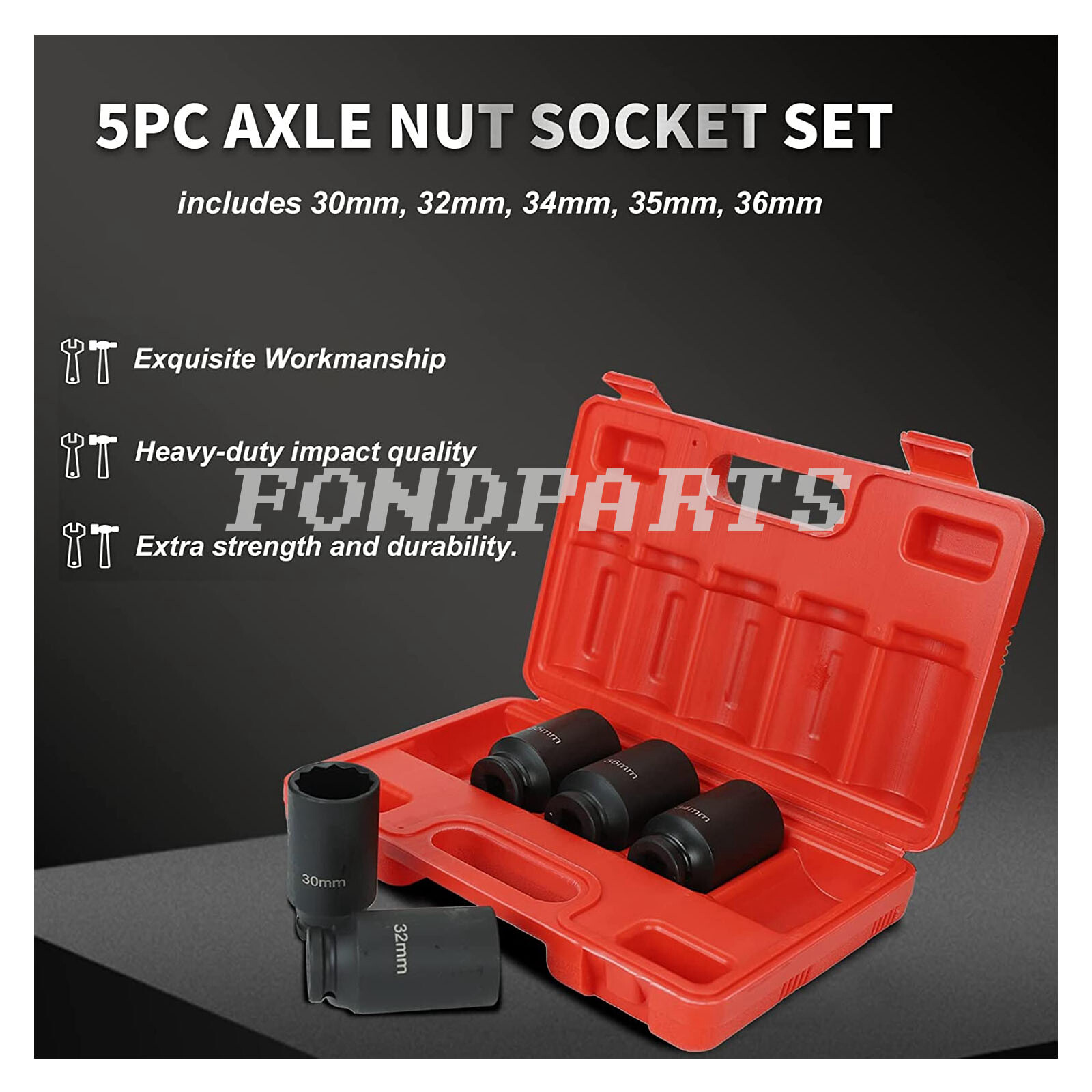 5pcs 12 Point Metric 1/2» Deep Spindle Axle Nut Socket Set 30 32 34 35 36mm