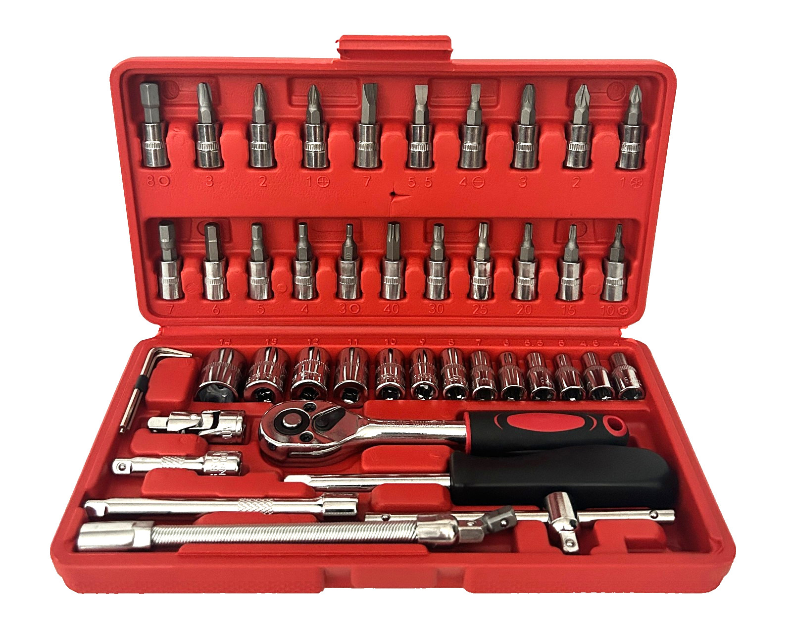 Egofine 46 Piece Socket Set, Hardly Used, In Red Plastic Carrying Case, Preowned