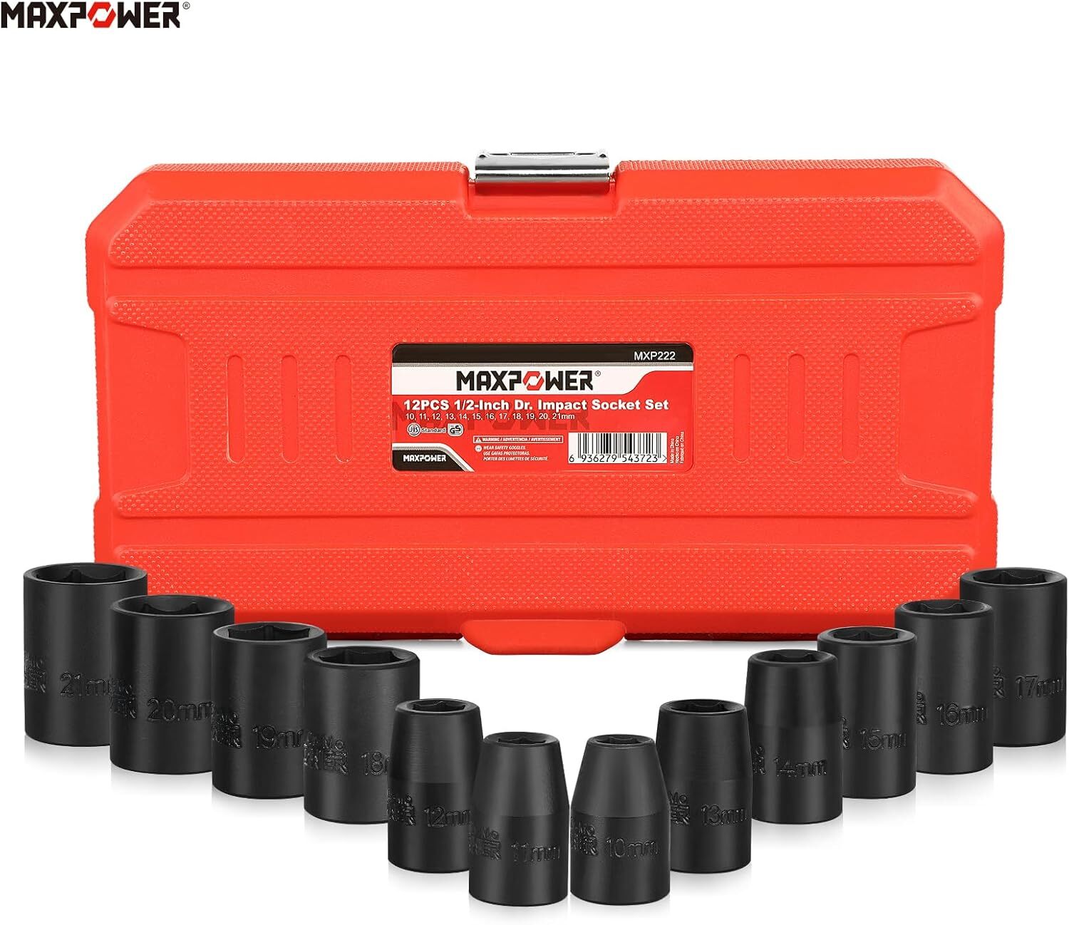 1/2″ Drive Impact Socket Set, 12 Pieces Metric Impact Sockets, 6-Point Metric Im
