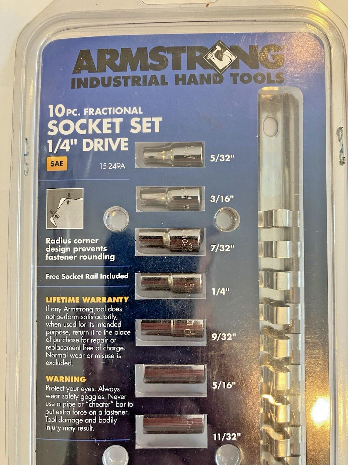 Armstrong USA MADE #15-249A 10pc SAE 1/4” Drive Socket Set W Rail + BONUS