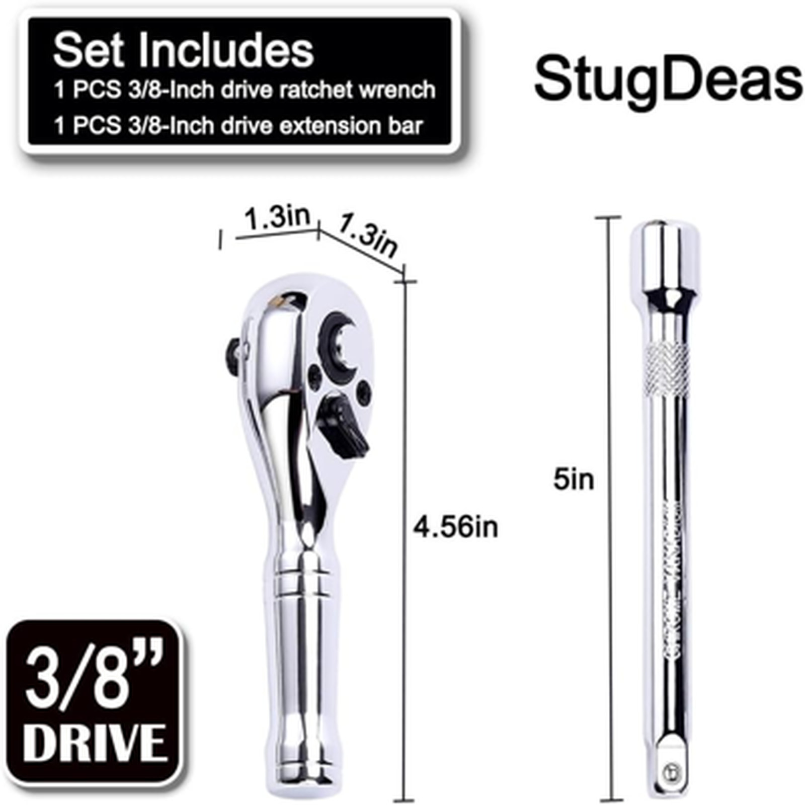 3/8 Inch Drive Ratchet Wrench Chrome Vanadium 72-Tooth Stubby Extension Bar