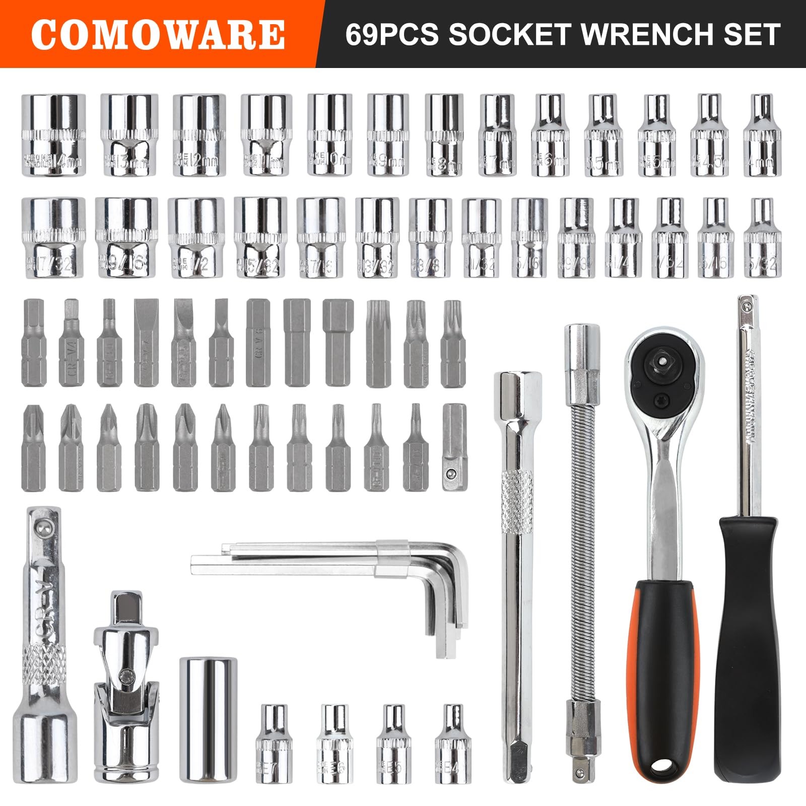 COMOWARE 69pcs Small Socket Set (1/4» & 3/8»), Metric & 69 PCS, Silver